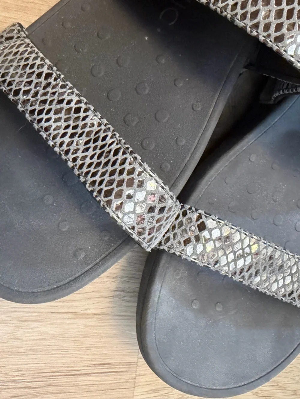 VIONIC Metallic Snake-Print Velcro Strap Sandals - Silver/Black